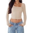 thumbnail image 3 of Female Long Sleeve Crop Top Square Neck Going Out Tops Cute Ribbed Knit Bow-Knot Lace Patchwork T Shirts Apricot L, 3 of 8