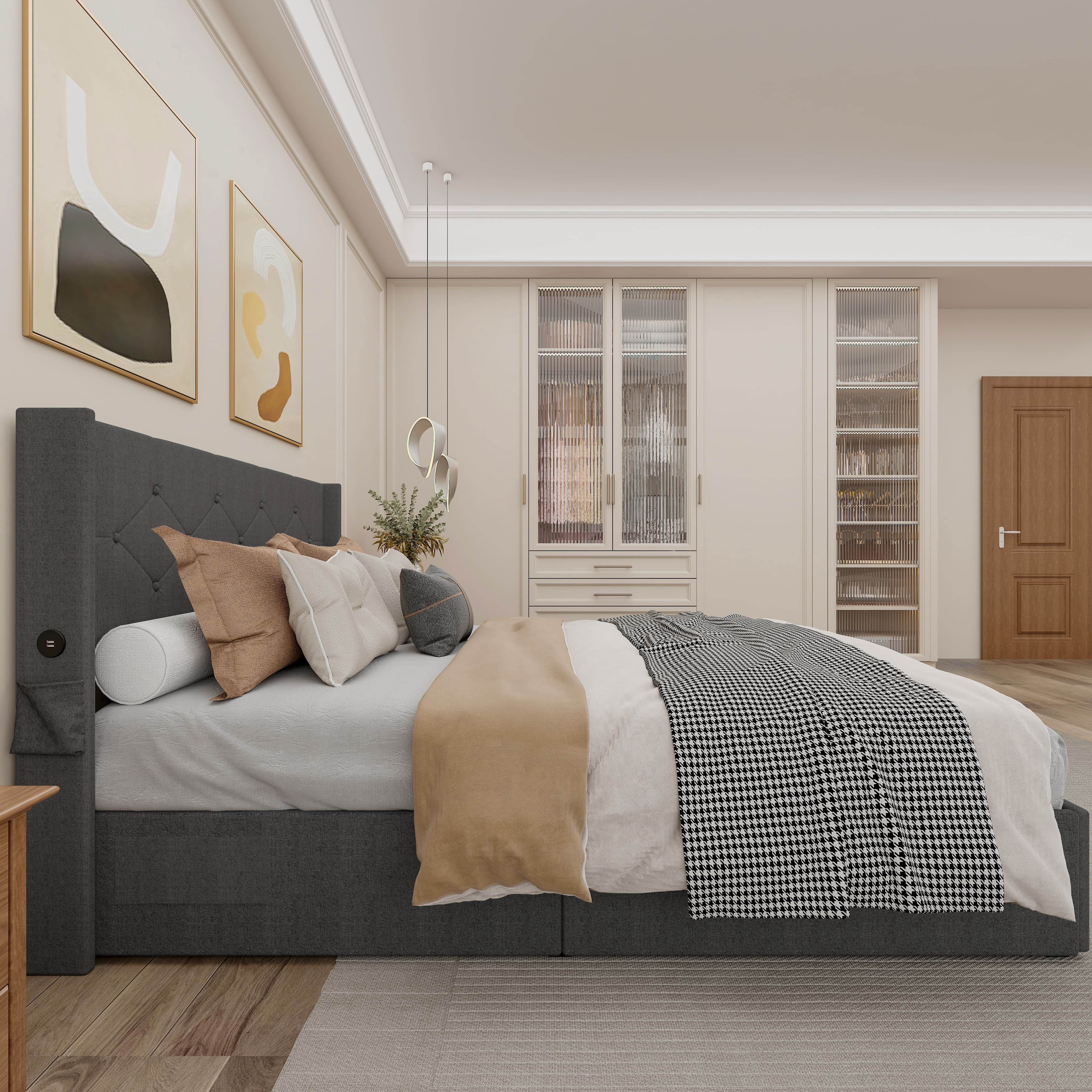 Euroco Full Size Platform Bed with Lift Up Storage and USB Charing Station, Modern Storage Bed with Wingback Headboard, Grey