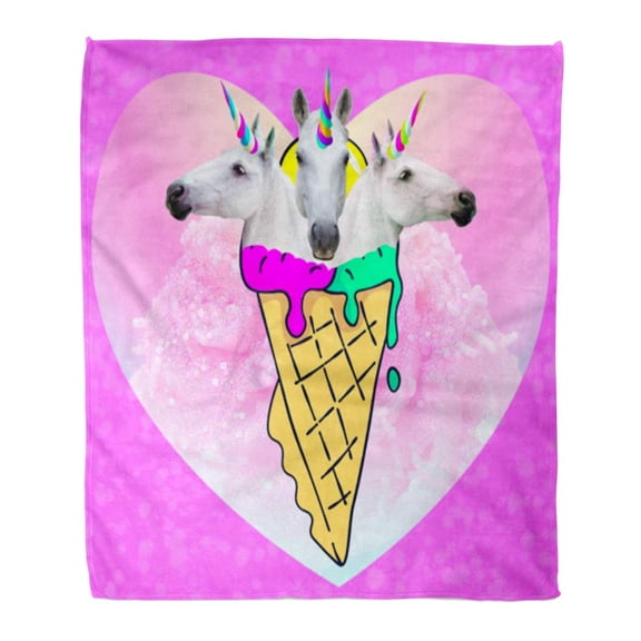 SIDONKU Flannel Throw Blanket Contemporary Collage Triple Unicorns Ice Cream Funny Fast Food Minimal Project 50x60 Inch Lightweight Cozy Plush Fluffy Warm Fuzzy Soft