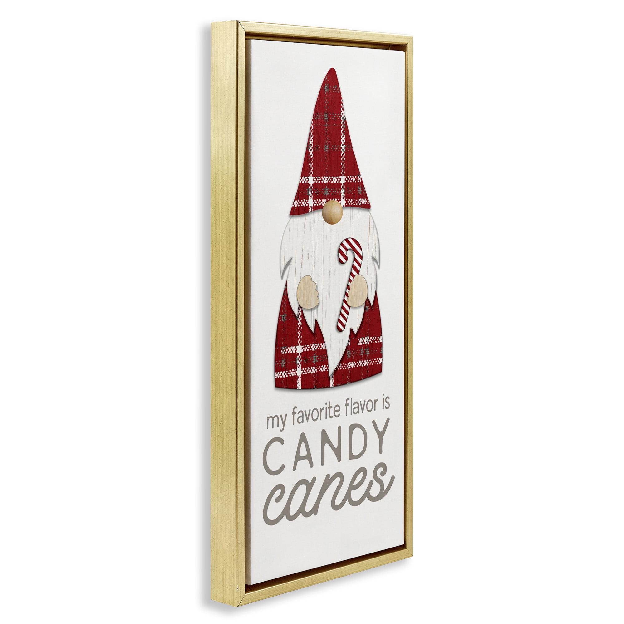 Stupell Industries Christmas Gnome with Candy Cane Holiday Painting Gold Floater Framed Canvas Art Print Wall Art, 11 x 25
