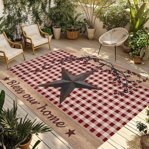 Texas Star Farmhouse Outdoor Rug for Patio/Deck/Porch, Non-Slip Large Area Rug 3 x 5 Ft, Rustic Red Plaid Berry Wooden Indoor Outdoor Rugs Washable Area Rugs, Reversible Camping Rug Carpet Runner