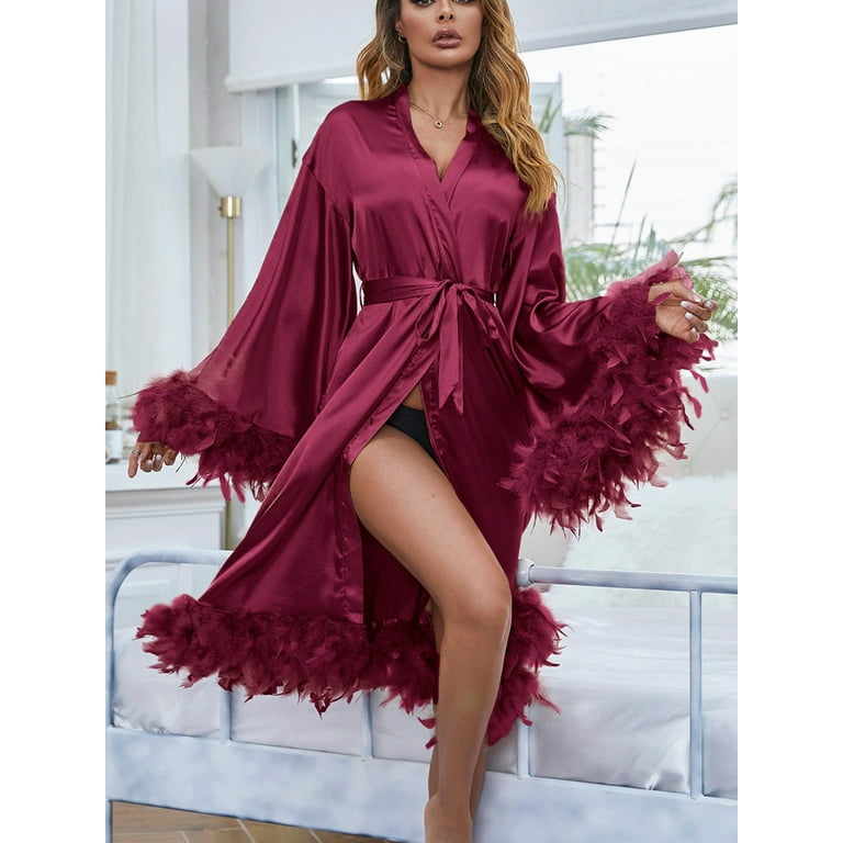 Women s Feather Silk Satin Robe Lingerie Nightgown Bathrobe
