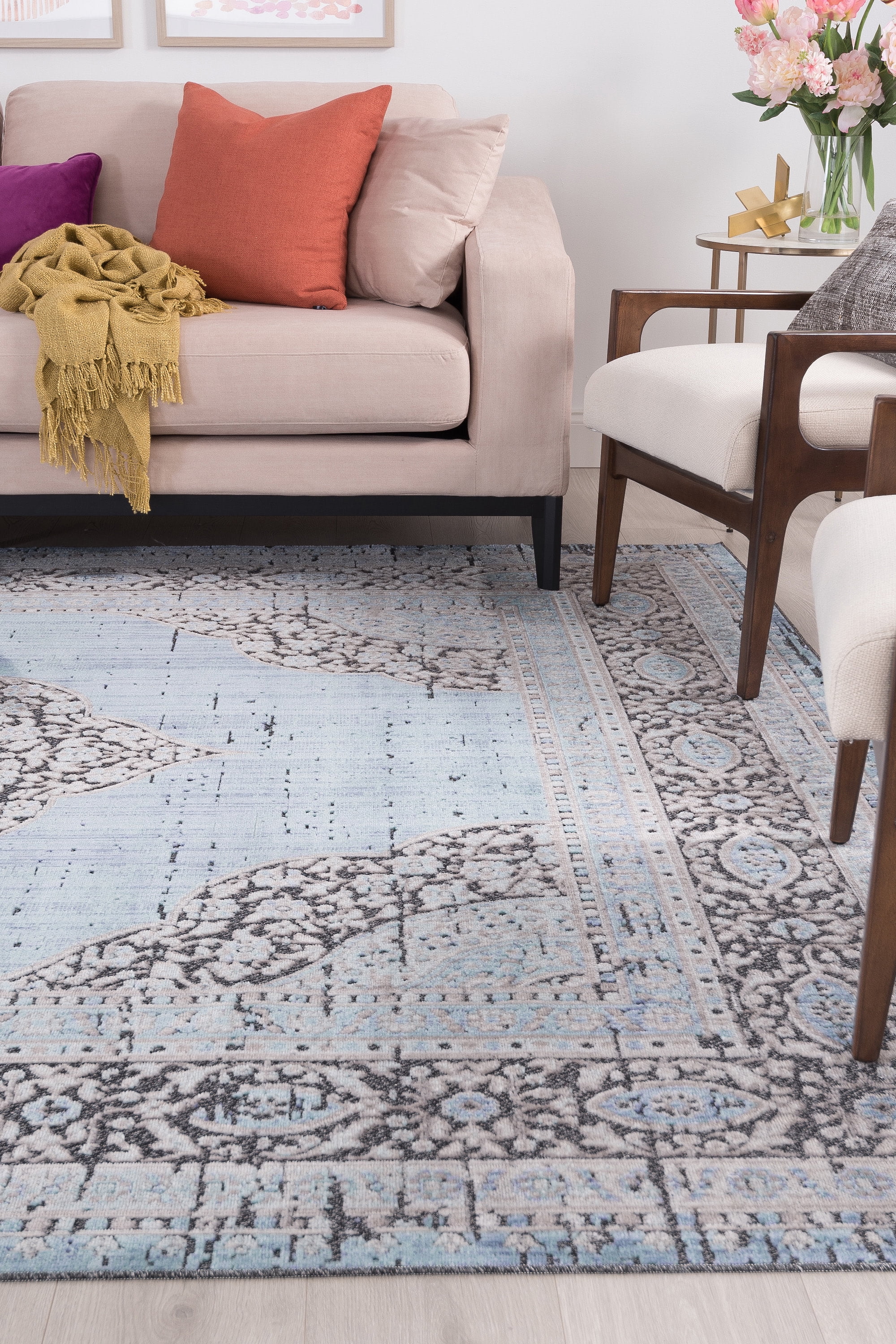 Traditional 8x10 Area Rug (7'10'' x 10'3'') Medallion Aqua, Cream Living Room Easy to Clean