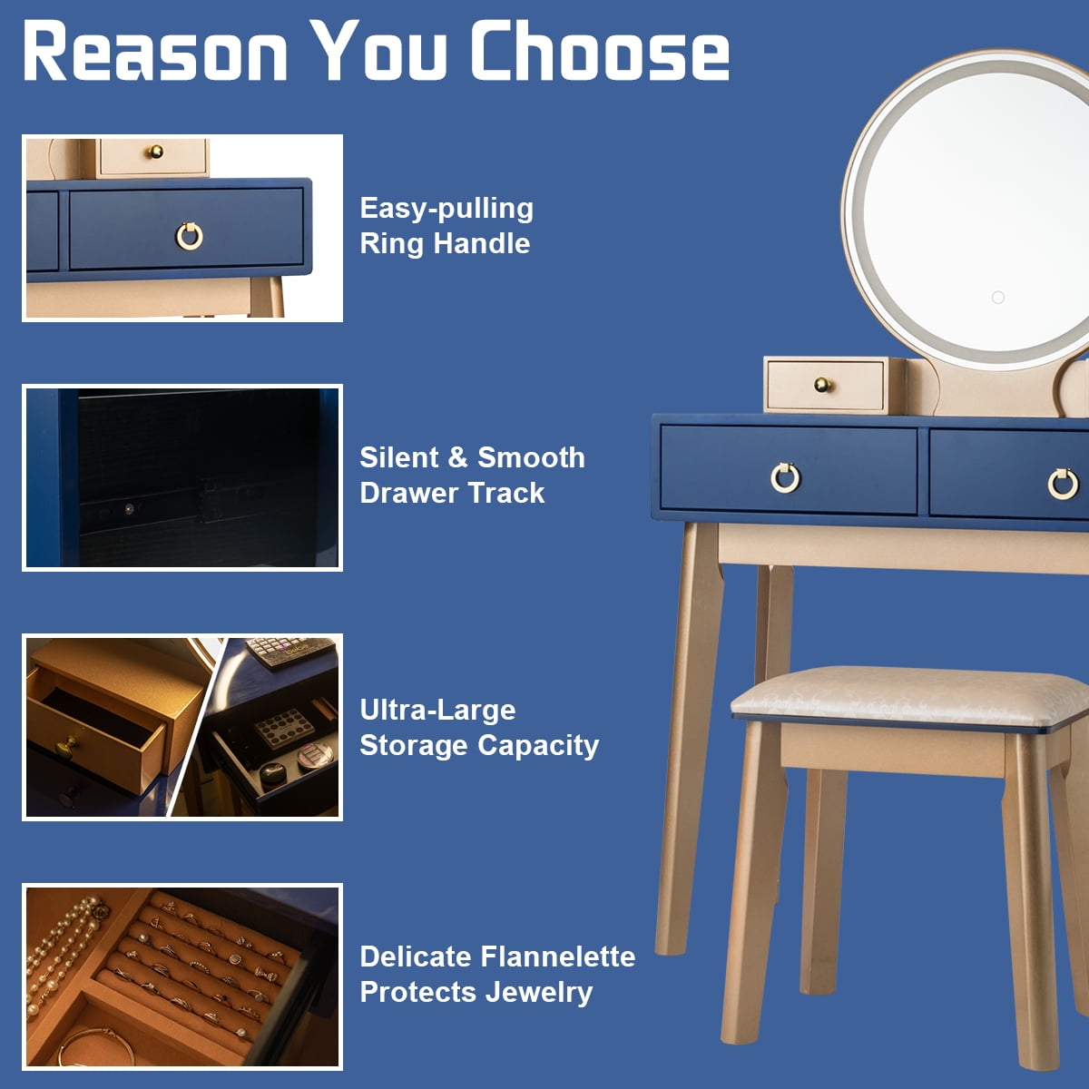 Gymax Vanity Makeup Dressing Table Set w/ Touch Screen Dimming Mirror Navy Blue