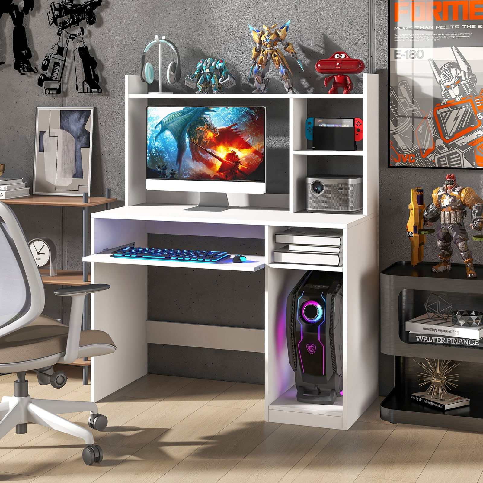Topbuy Computer Desk w/ Charging Station 43.5” Gaming Table Workstation w/ Keyboard Tray CPU Stand & Storage Shelves White