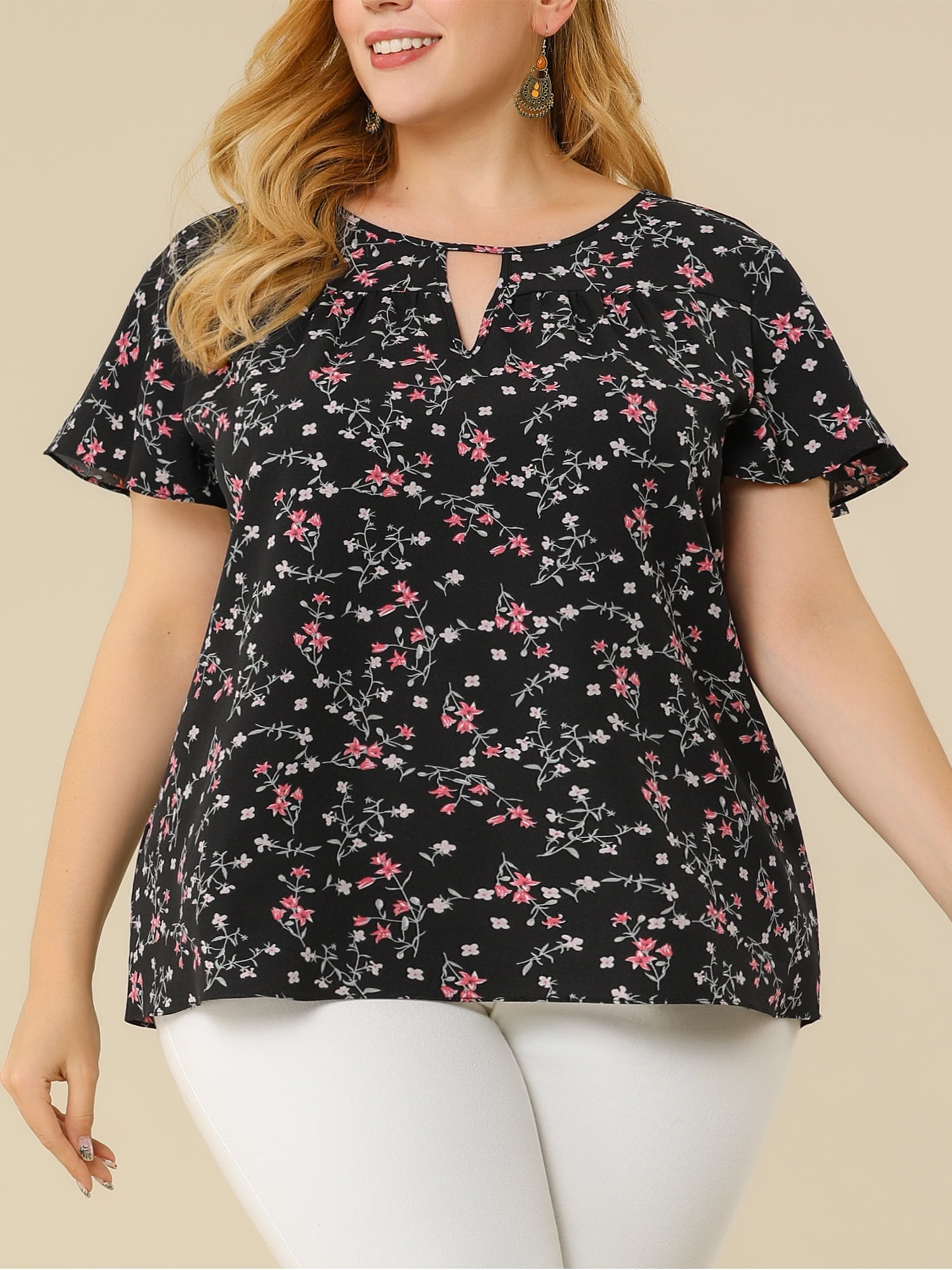 DARING DIVA Women's Plus Ruffle Short Sleeve Keyhole Chiffon Blouse 5X Black