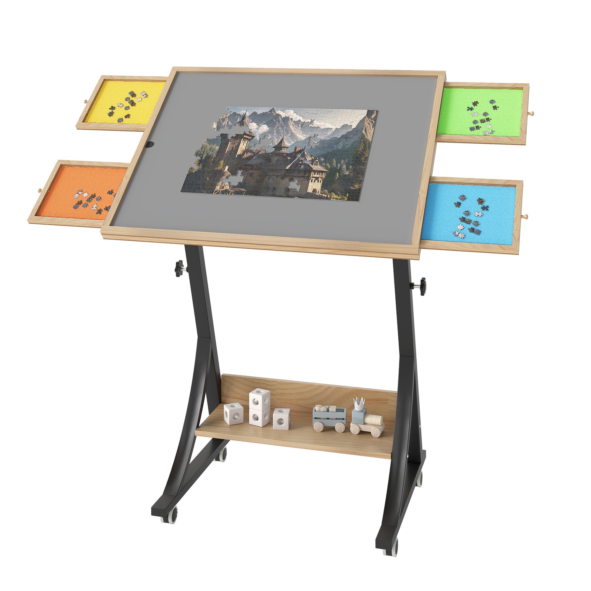 Uforic Jigsaw Puzzle Table with 4 Drawer, Legs and Wheels, Adjustable Up Level Mesa Gamer Tables