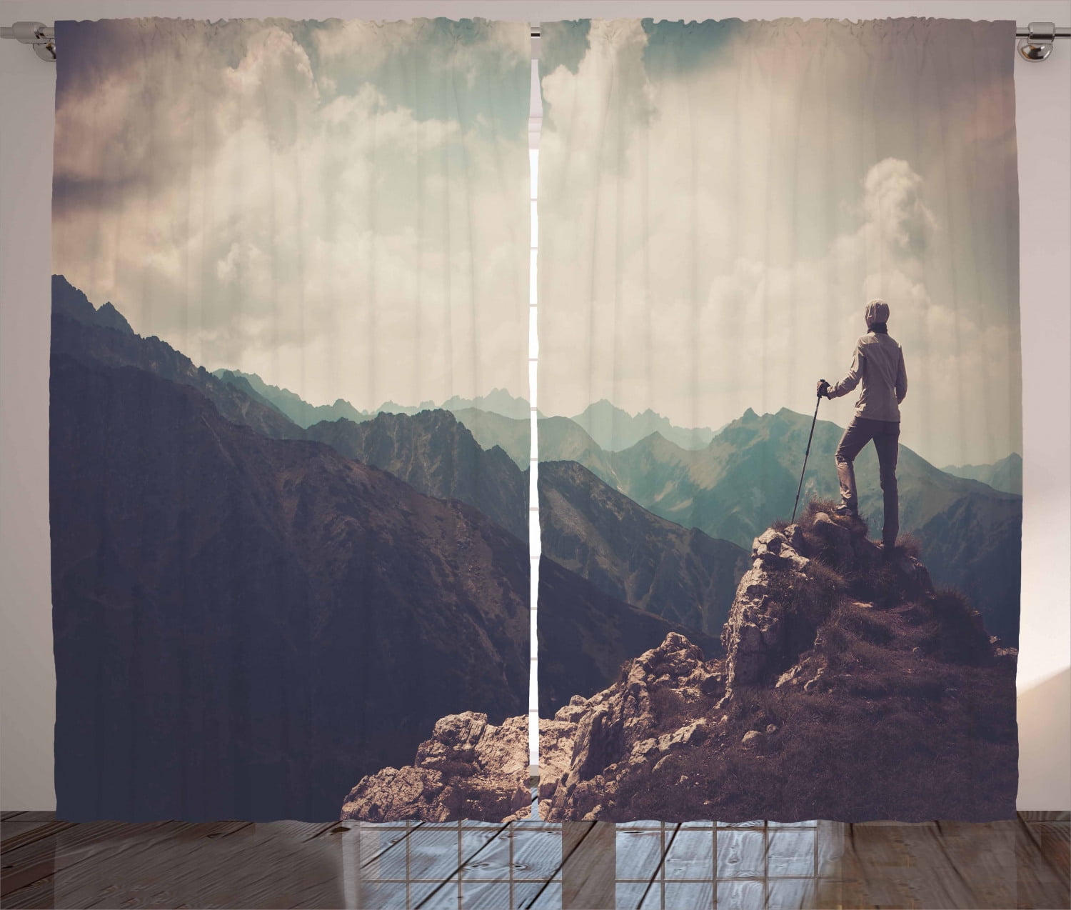 Mountain Curtains 2 Panels Set, Woman Hiker on the Top of a Mountain Hobby Climbing Activity