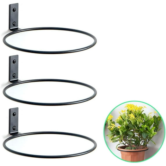 Casewin 6 inch Flower Pot Holder Ring Wall Mounted 3 Pack Metal Planter Hooks Hangers Wall Bracket, Black
