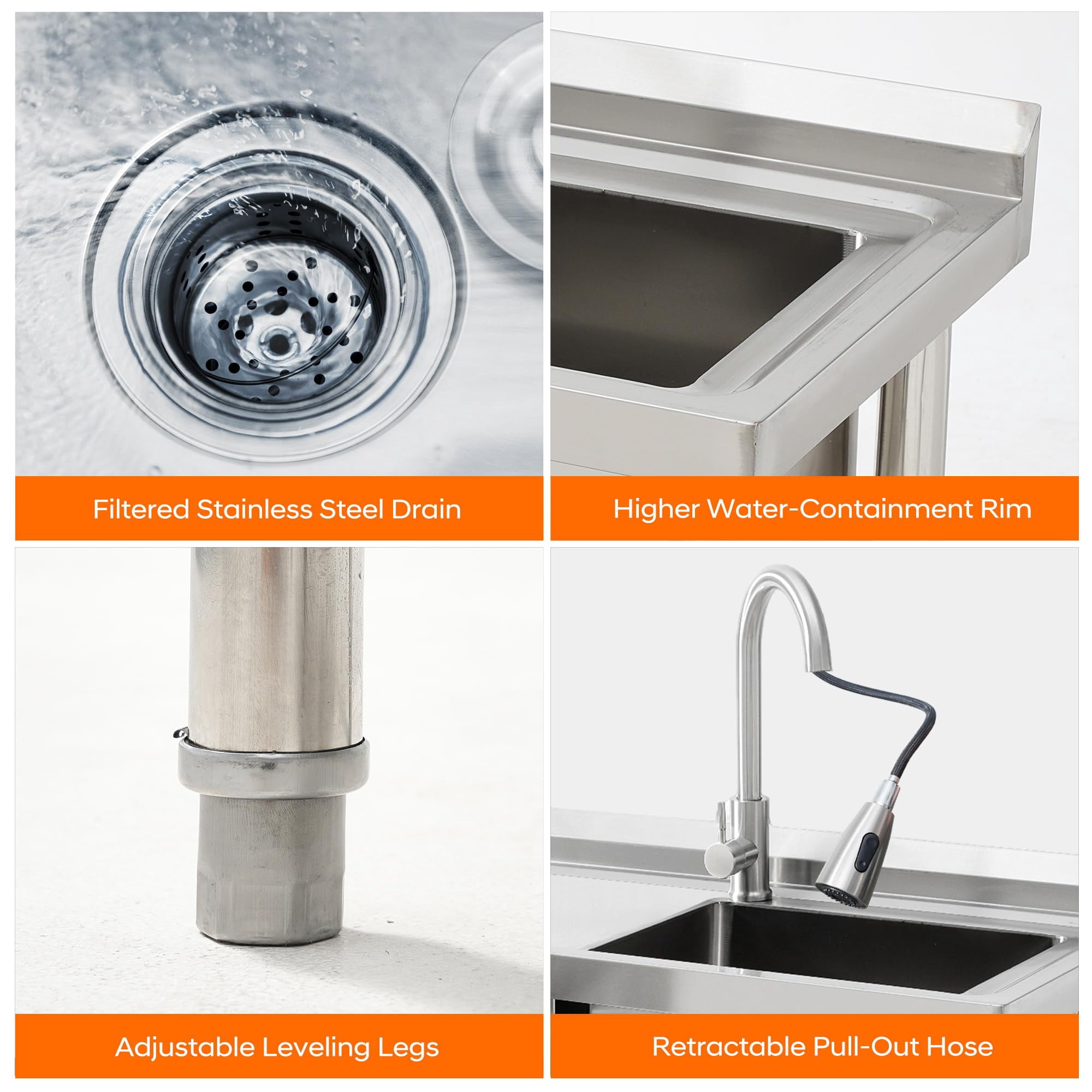 Accreate 39 Inch Single Bowl Stainless Steel Utility Sink, Free Standing Unit with Drawer, Workbench, Storage Rack, Faucet & Full Plumbing Set