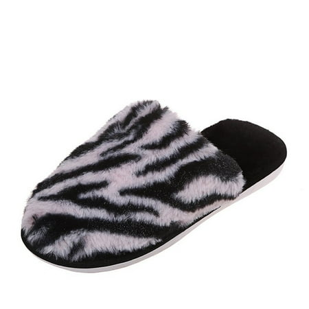 knqrhpse Women s Slippers fashion animal print round toe flats flock slip on shoes House Slippers for Woman Fuzzy Slippers Cute Slippers