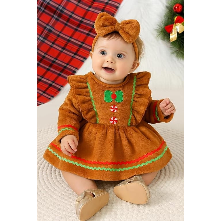 stylesilove Baby Toddler Girl Brown Gingerbread Fleece Christmas Romper Dress and Bow Headband 2pcs Holiday Outfit (0-3 Months)