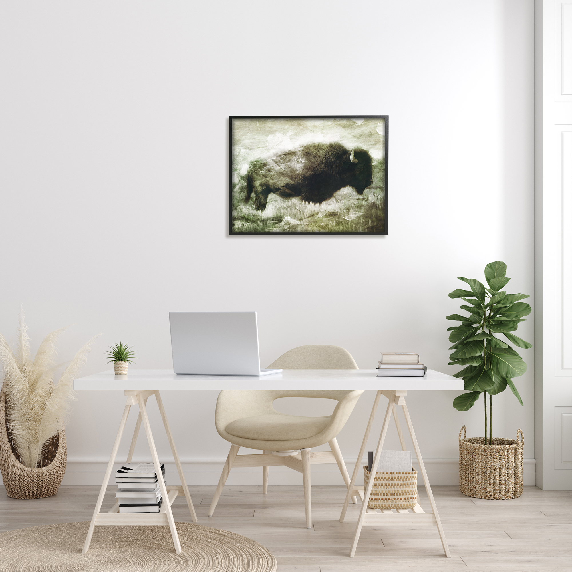 Stupell Industries Vintage Buffalo in Distressed Rustic Field Country Animal Modern Painting Black Framed Art Print Wall Art, 24 x 30, Design by Milli Villa