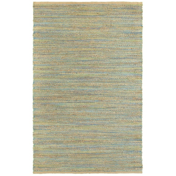 Laddha Home Designs 7.75' x 9.75' Blue and Tan Striped Handmade Rectangular Area Throw Rug