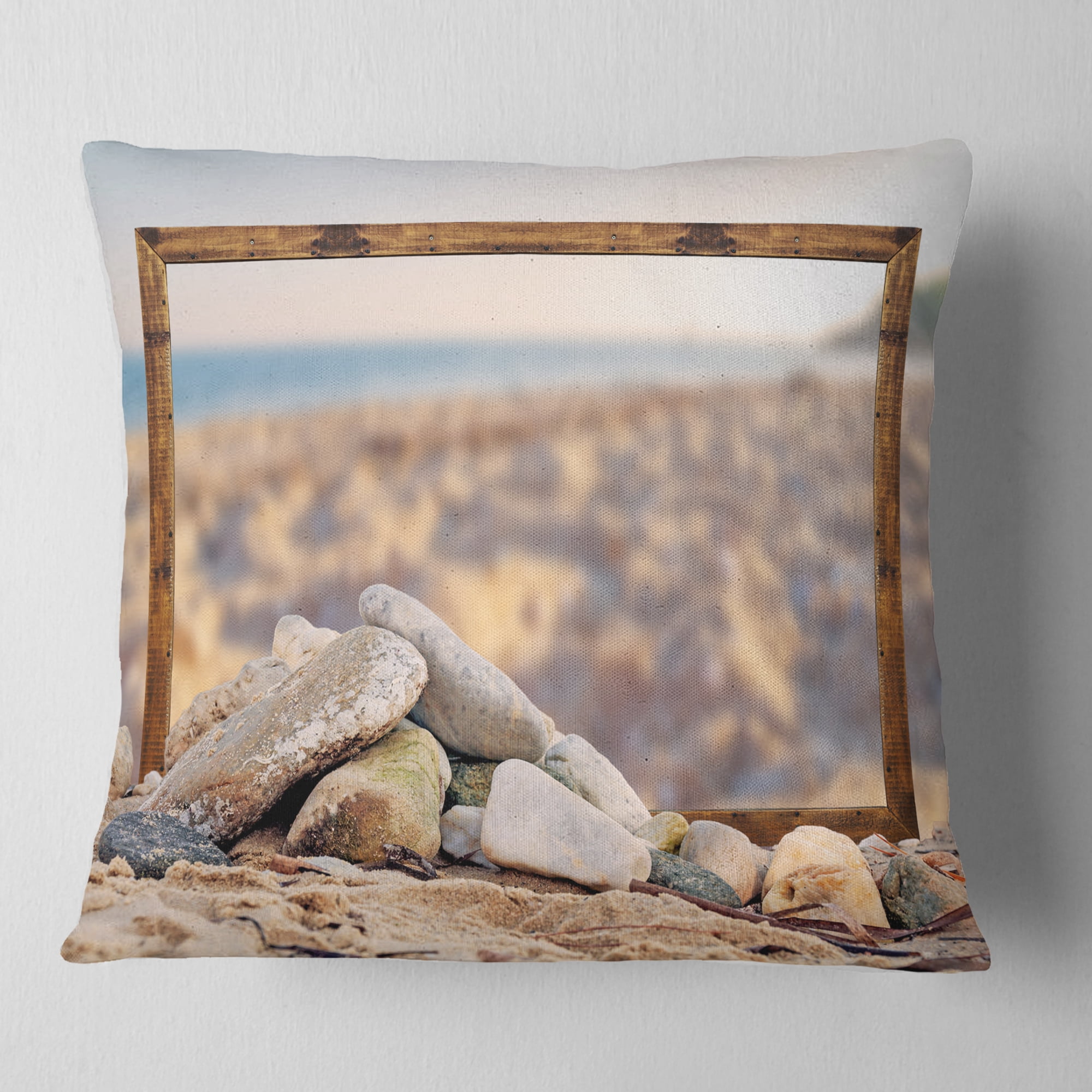 Designart Framed Effect Blurred Seashore - Landscape Printed Throw Pillow - 18x18