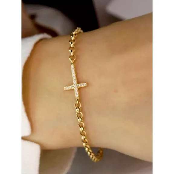 Lab-Created White Diamond Cross Women's Bracelet 2Ct Round Cut 14K Yellow Gold Plated 7"