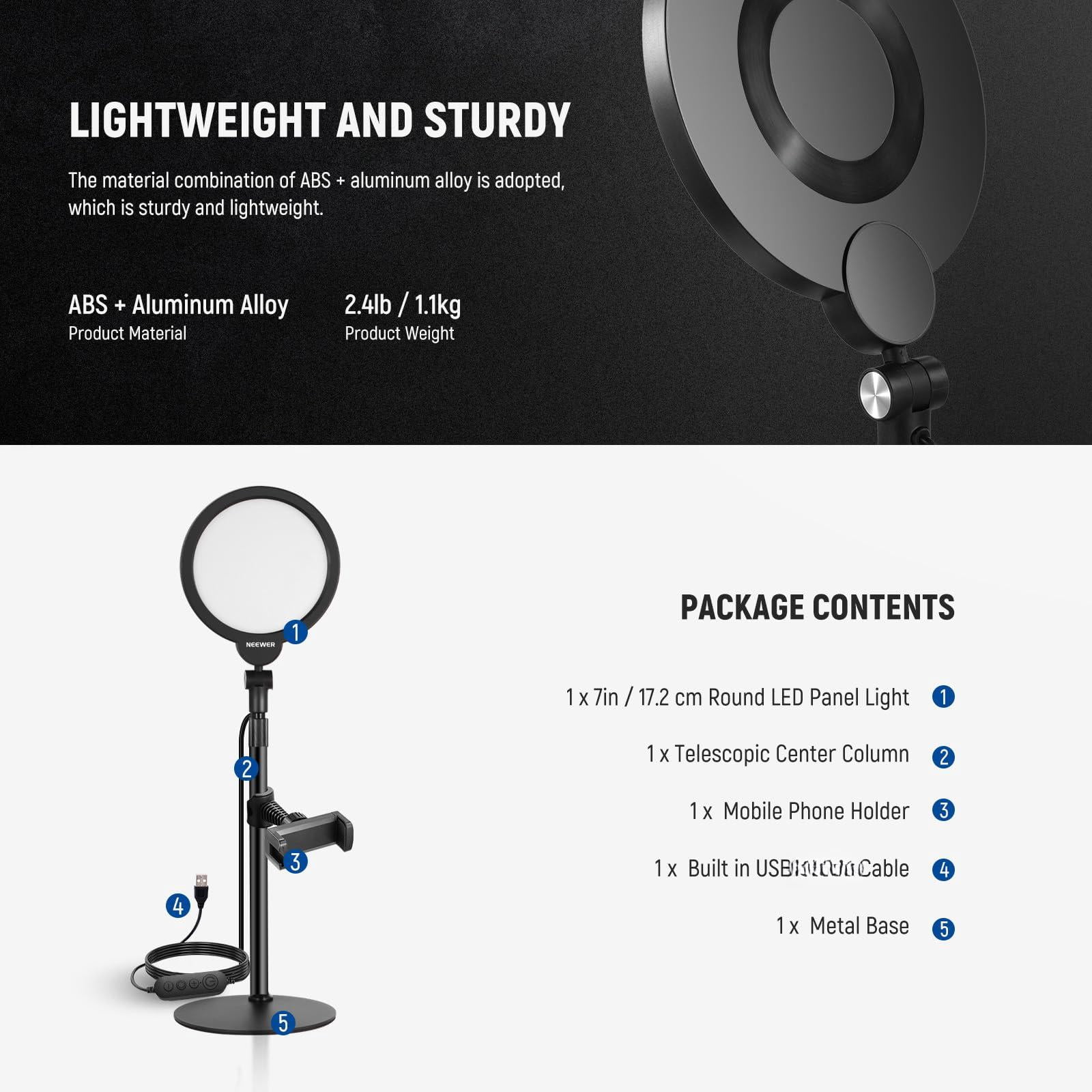 Basics 7" Desk Ring Light For Video Recording  10w Dimmable Full Screen Key Lighting With Stand&phone Holder Computer Laptop Vlog Live Streaming Conference R06