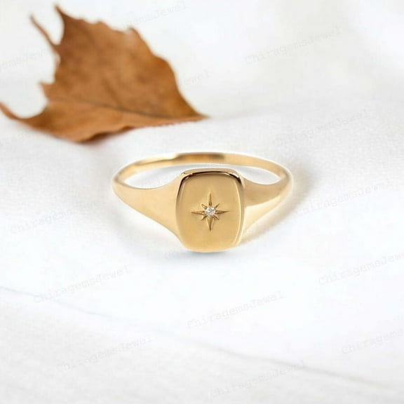 CHIRAGEMSJEWEL 2MM Round Shape Diamond Signet Ring , Yellow Gold Plated Solitaire Star Ring - Proposal Gift for Love