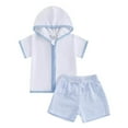 thumbnail image 2 of Hrsba Kids 2 Piece Outfits Striped Print Hooded Short Sleeve Tops and Striped Shorts Soft Comfortable Casual Wear Lightweight Breathable Summer Set for Boys and Girls, 2 of 3