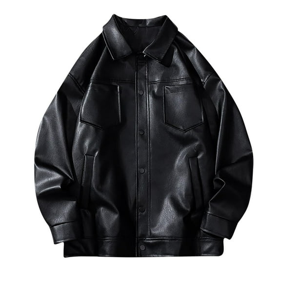 Maoxin Men's Coats and Jackets Men's Lapel Leather Jacket Casual Loose Men's Leather Jacket Solid Color Long Sleeved Hooded Casual Jacket/jacket Black XL