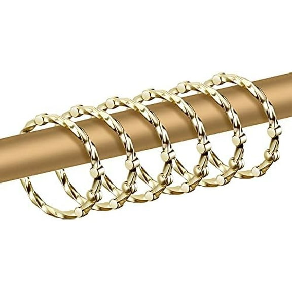 Gold Shower Curtain Rings, Brass Rustproof Decorative Shower Hooks for Bathroom Shower Curtain Rods, Set of 12 Premium Metal Shower Rings Hangers HK5# Circle Ring Design