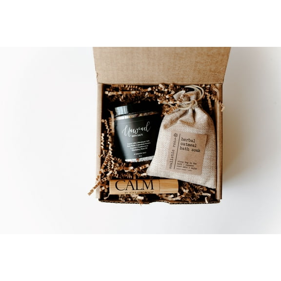 Soulistic Root Relaxing Bath Gift Set, Luxury Spa Gifts for Women, Self Care Products for Women and Men, Calm Essential Oil Roller, Oatmeal Lavender Bath Soak & Epsom Salts with Essential Oils