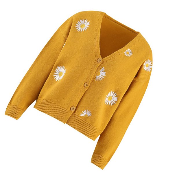 Qarigey Suéter de mujer Lints invierno otoño estampado de flores adorables estampado de manga larga cuello en V transpirable lavable suelto señoras Prendas para la parte del cuerpo Amarillo L Qarigey AP012615-03