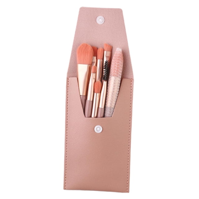 8 piezas de Pinceles de maquillaje Baoblaze con mango de madera Bolsa de maquillaje de viaje profesional para ojos Rosado