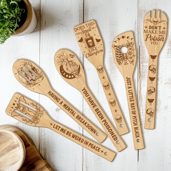 6PCS and Moon Wooden Kitchen Cooking Utensil Set 11.9in Non Toxic Bamboo Wood Spoon Set for Cooking Best Housewarming Decor Gift for Women Mother