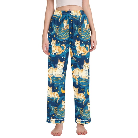 Dailycode Women's Pajama Pants Wide Leg Lounge Pj Bottoms With Pockets Cartoon Cats and Starry Sky