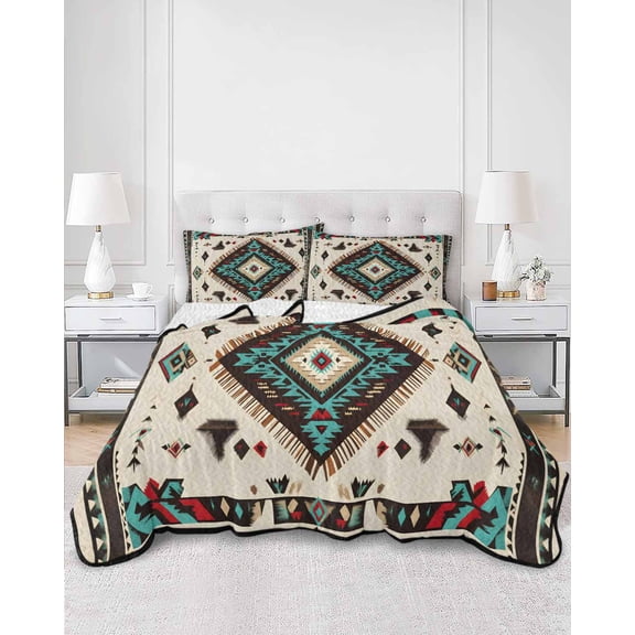 Quilts Twin Size, Red Teal Brown Southwestern Soft Comforter Bedding Set for Bed, Ethnic Geometric Boho Retro Lightweight Quilted Bedspread with Pillow Cover(2 Pieces) for All Season, 68x86 Inch