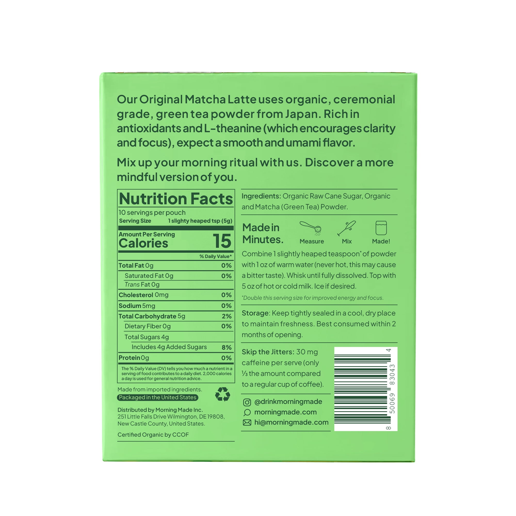 Morning Made Ceremonial Grade Organic Matcha Latte Powder, Original, 10 Servings
