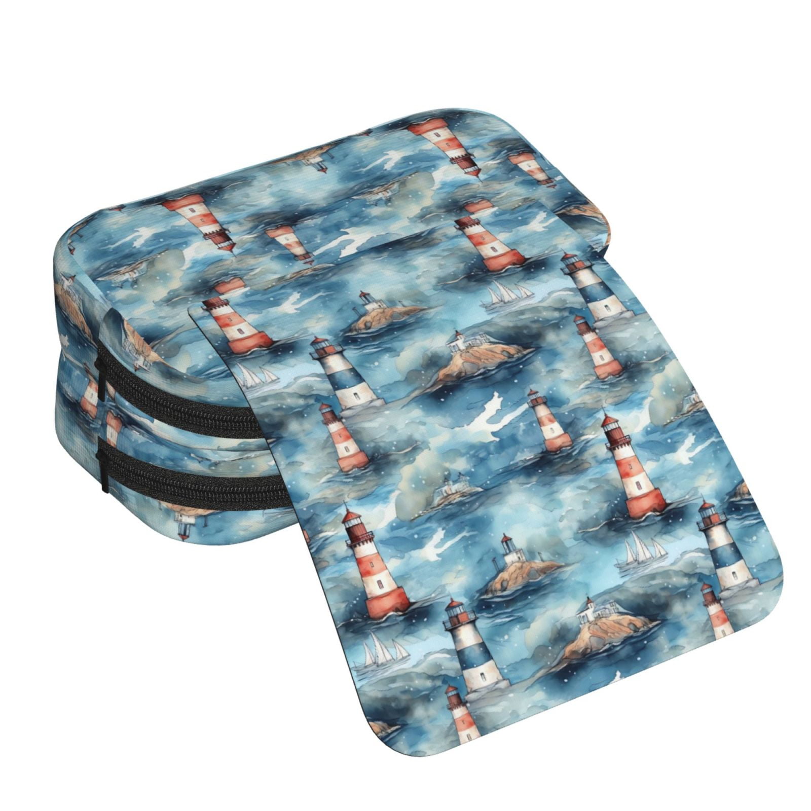 Rateoe Sea Marine And Lighthouse Pattern Double Clamshell Pen Case, Storage Organizer with Two Zipper Compartments– Holds Up to 50 Pencils & Pens