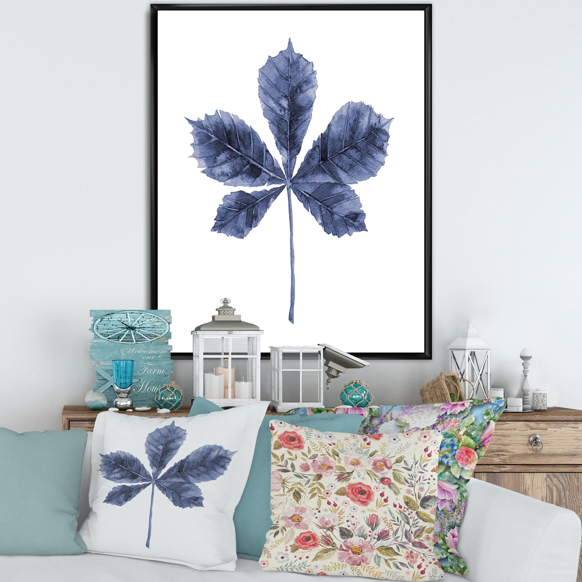 Designart 'Navy Blue Chestnut Leaf On White' Traditional Framed Canvas Wall Art Print