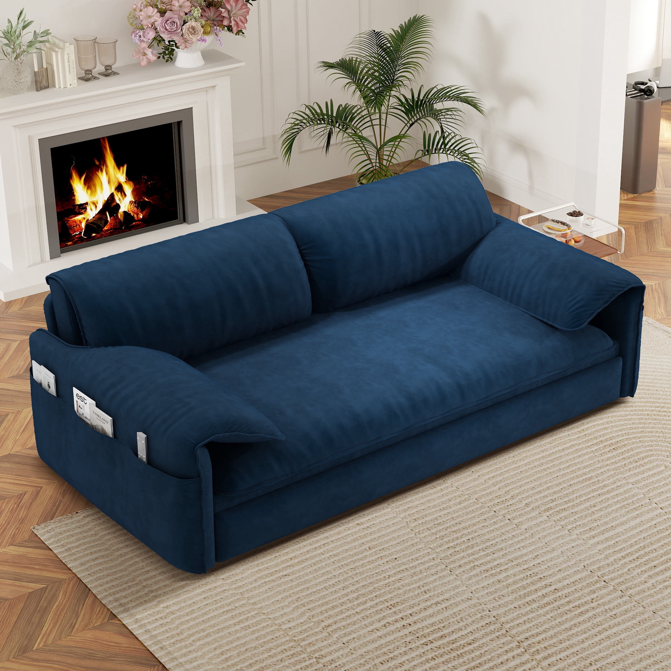 Aukfa Queen Sleeper Sofa Bed, Convertible Loveseat Pull Out Sofa Couch with Side Pockets, Blue