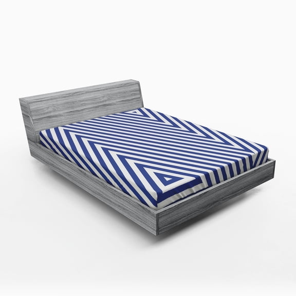 Ambesonne Geometric Fitted Sheet, Triangle and Stripes, Queen Size, Dark Blue and White