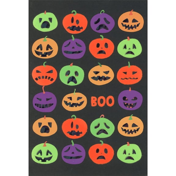 Pictura Rows of Assorted Neon Green, Orange and Purple Pumpkins on Black Halloween Card