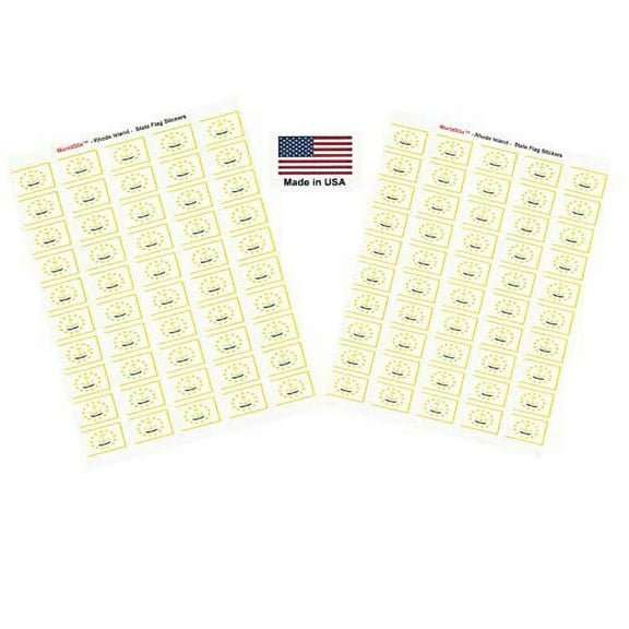 Made in USA! 100 Rhode Island 1.5" x 1" Self Adhesive State Flag Stickers, Two Sheets of 50, 100 Rhode Island Sticker Flags Total