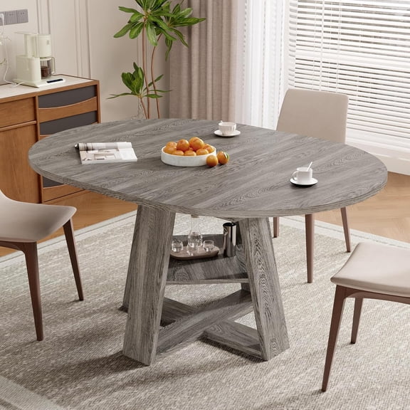 43.3‑59 in Extendable Oval Dining Table for 4‑6, Engineered Wood Round Dining Table with Hidden Extension Storage & Bottom Shelf, Space‑Saving Modern Kitchen Living Room Tables (Vintage Grey)