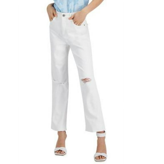 $70 Inc International Concepts High Rise Ripped Straight-Leg Jeans White Size 0