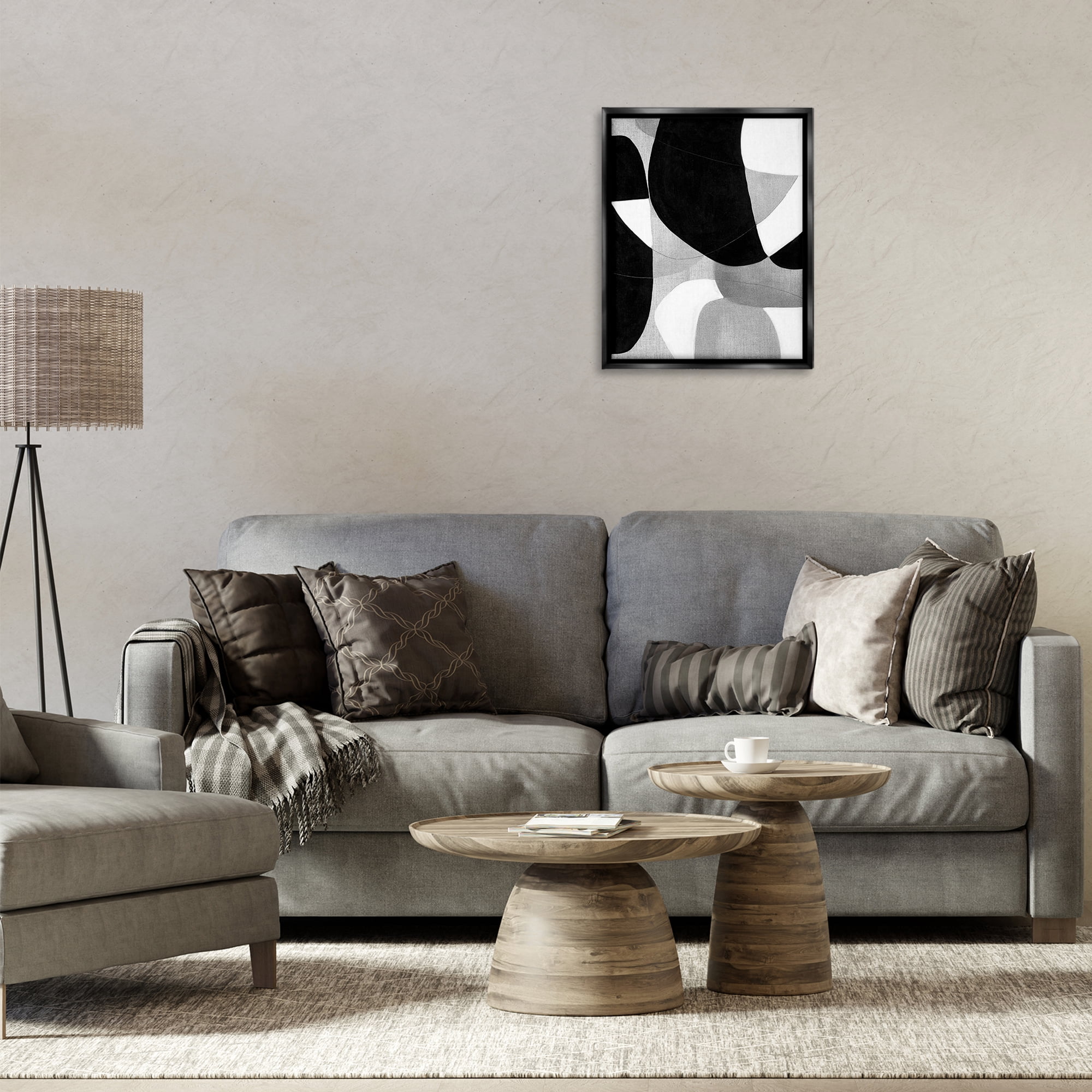Stupell Industries Monochrome Oblong Shapes Abstract Painting Black Floater Framed Canvas Art Print Wall Art, 17 x 21