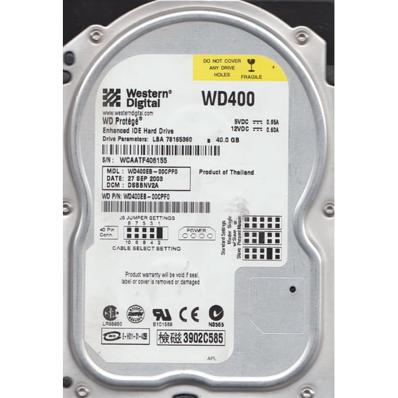 WD400EB-00CPF0, DCM DSBBNV2A, Western Digital 40GB IDE 3.5 Hard Drive
