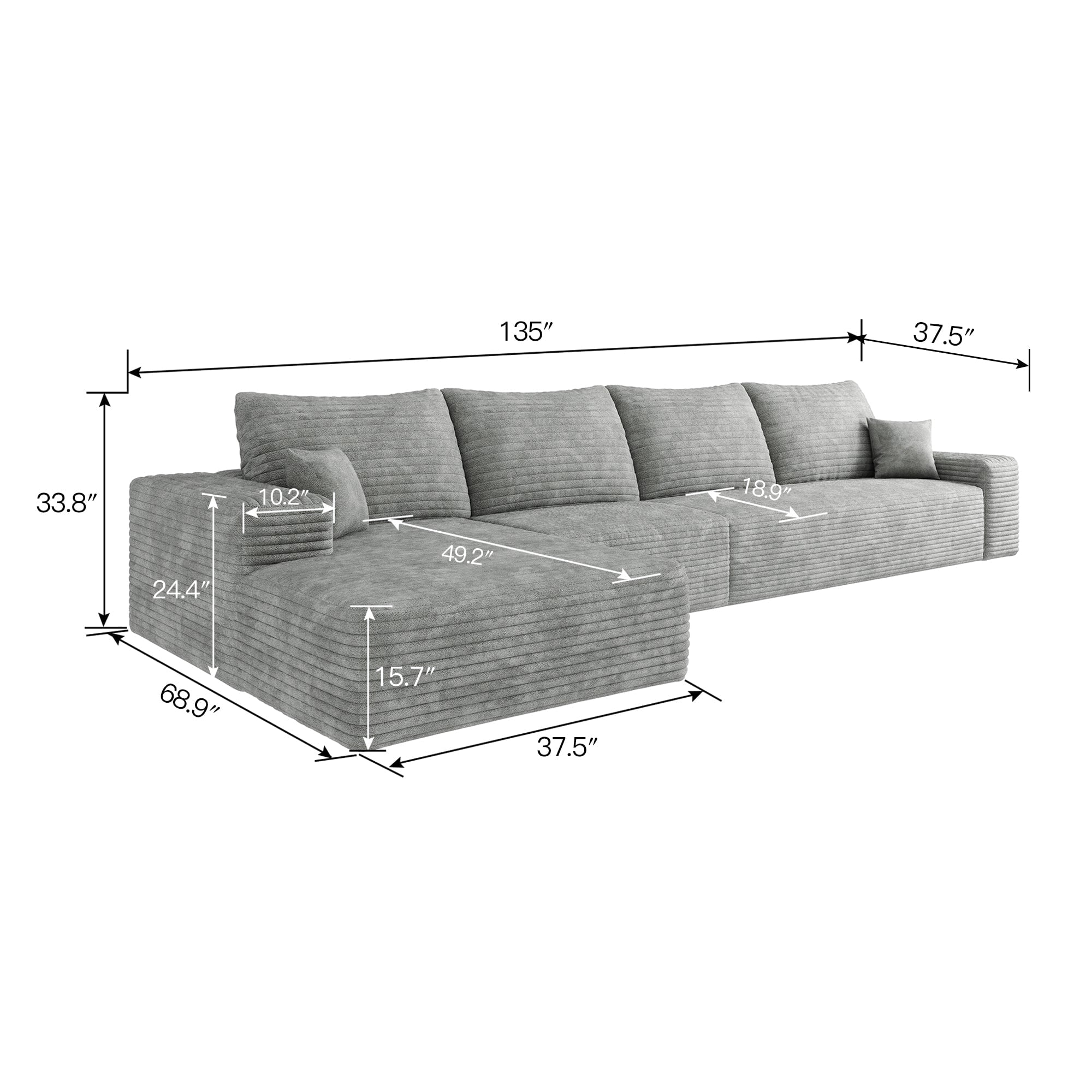 Sailvan 135" Cloud Sectional Couch, Cloudy Sofa with L-Shape Chaise, Upholstered Couches for Living Room & Bedroom, No Assembly Required, Plush Corduroy Fabric, Gray