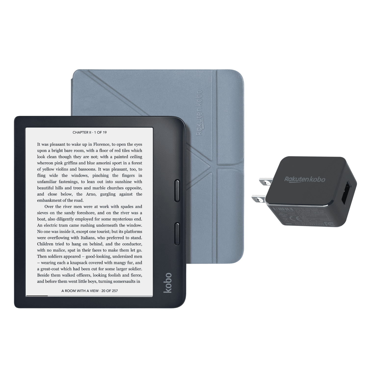 Kobo Libra 2 Black Bundle with Blue SleepCover and AC Adapter eReader 7" Waterproof WIFI 32GB