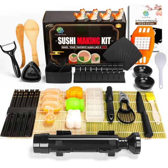 FUNGYAND Sushi Making Kit, 32-in-1 Complete Bamboo Sushi Mat Rolling Kit