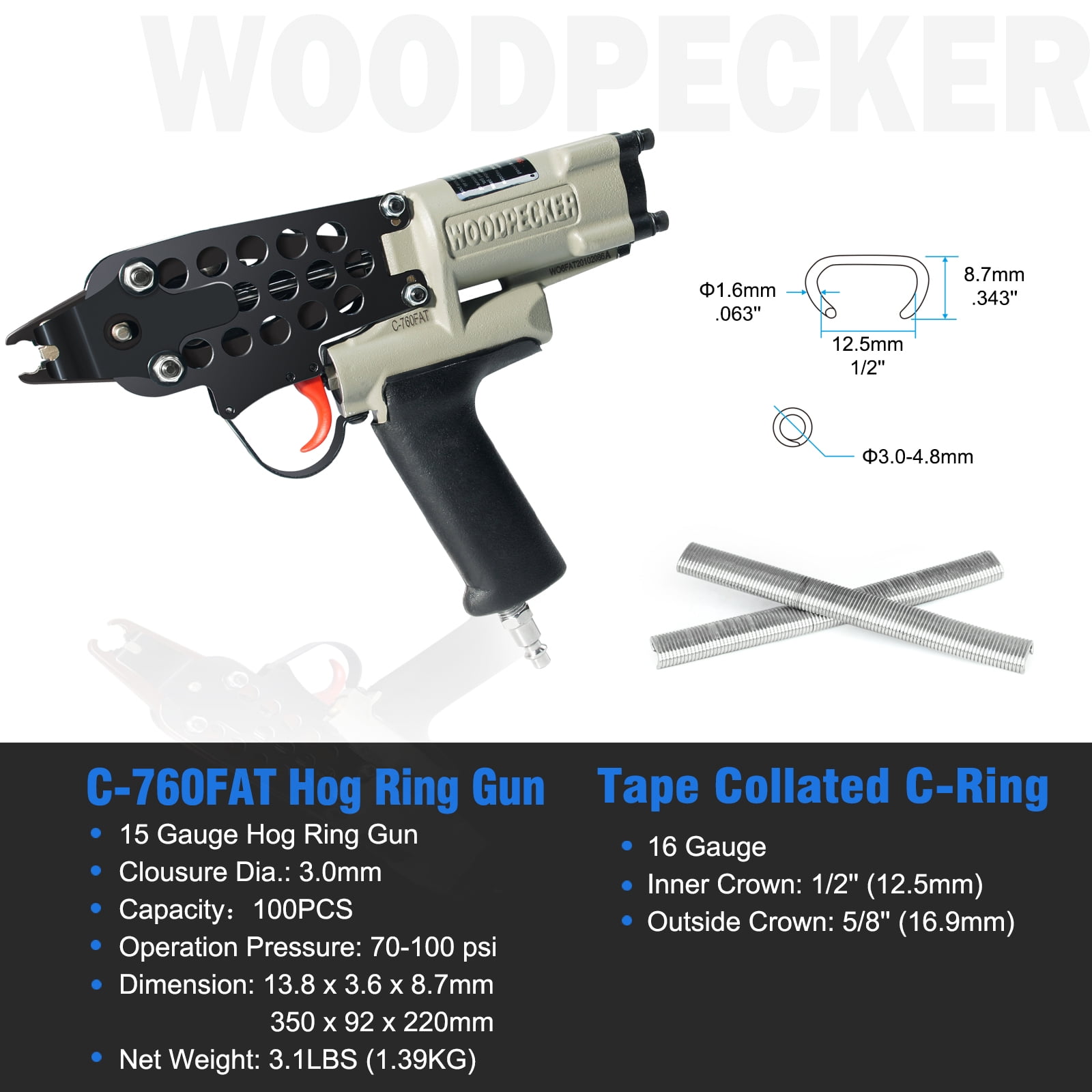 16-Gauge Woodpecker C-760FA Pneumatic Hog ring Staple Gun, 3.0mm Closure Diameter, 1/2" Crown
