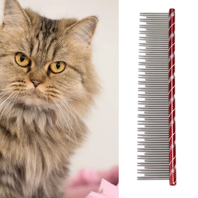 Pet Steel Combs, Static Stainless Steel Cat Comb with Comfortable Non Slip Handle Two Different Density Wire Teeth to Open Tangled Hair and Make Hair Fluffy