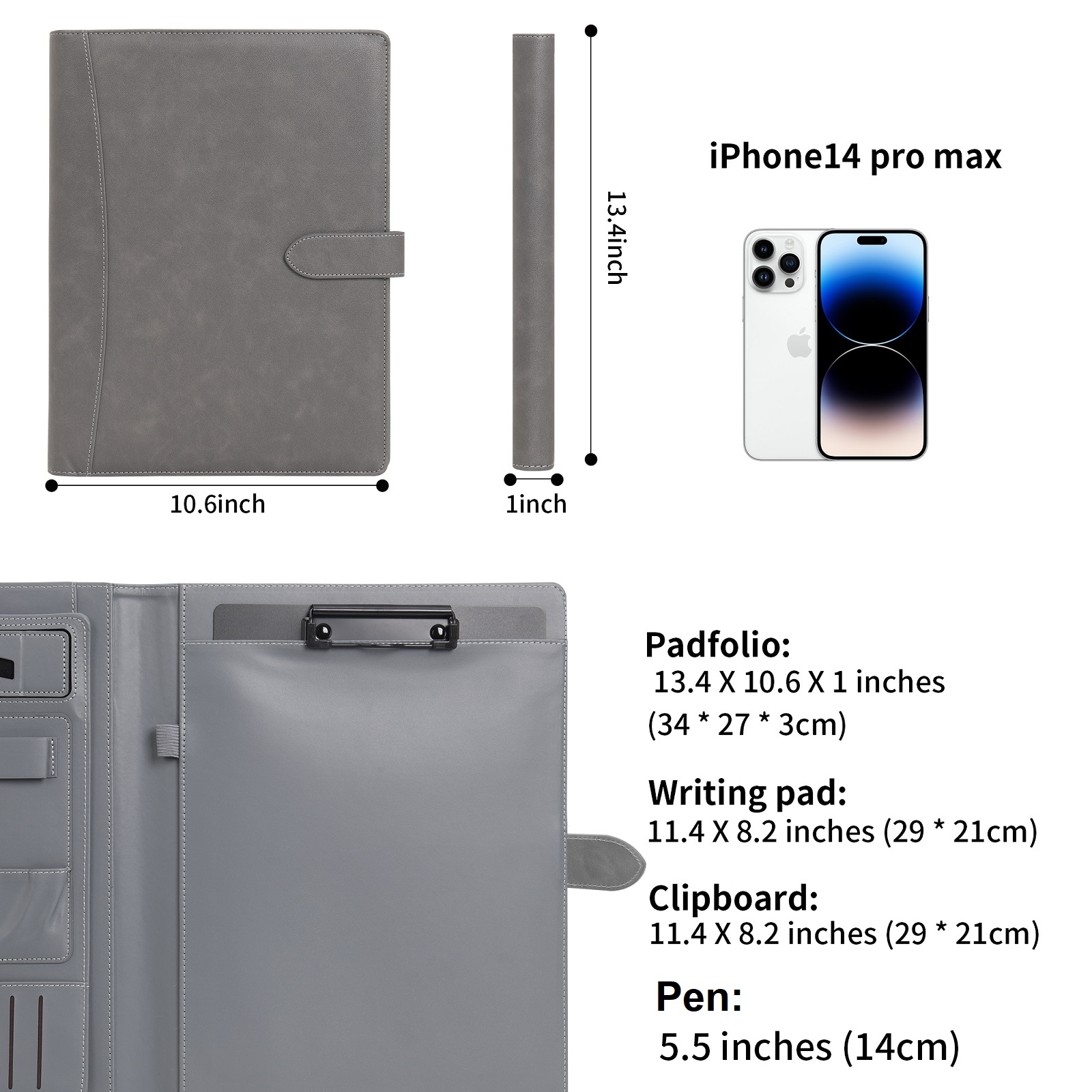 Wason Portfolio Padfolio A4 Leather Holder File Document Case with Writing Pad and Removable Clipboard for Organizer Office School Travel (Grey)
