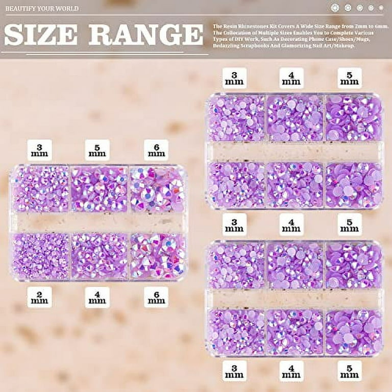 Resin Rhinestones Kits, 3 Boxes Lavender Purple AB 2/3/4/5/6mm