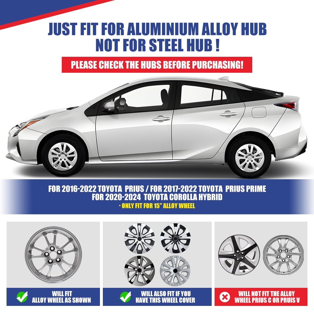 4PCS/Set 15" Wheel Rim Cover Hubcaps Compatible with 2016-2022 Toyota Prius/Prime & 2020-2024 Corolla Hybrid Replacement Snap On Hub Cap,Chrome